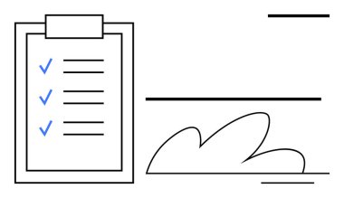 Üç mavi işaretli pano ve soyut çizgilerin yanında bir kontrol listesi ve yukarı doğru bulutlu bir şekil. Görev yönetimi, organizasyon, üretkenlik, planlama, proje ilerlemesi, iş akışı için ideal