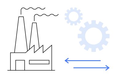 Gaz yayan bacalı fabrika binası, zıt yönlere bakan üç vites ve iki ok. Üretim, endüstri, süreç, verimlilik, tedarik zinciri, yenilik için ideal