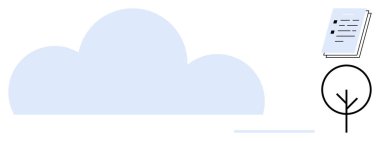 Büyük bulut grafiği, istiflenmiş kağıtlar ve minimalist bir ağaç simgesi. Teknoloji, sürdürülebilirlik, ekoloji, bulut hesaplama, organizasyon, bilgi yönetimi, veri depolama, basit daire