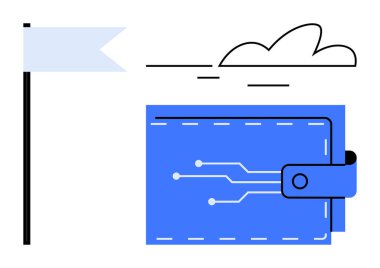 Devre esinlenilmiş tasarıma sahip mavi dijital cüzdan, ışık bayrağı ve bulutla eşleştirilmiş, teknolojiyi, finansmanı, yeniliği, güvenliği, ademi merkeziyeti, bağlantıyı, basit bir dilde gelecekteki eğilimleri sembolize ediyor