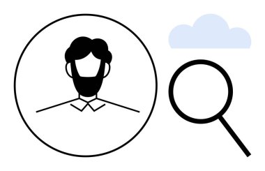 Erkek avatarı büyüteç ve bulutun yanında daire şeklinde çevrili. Kişisel profil, kullanıcı araması, insan kaynakları işe alımı, çevrimiçi kimlik, veri depolama, ağ oluşturma, dijital araçlar için ideal. Basit düz