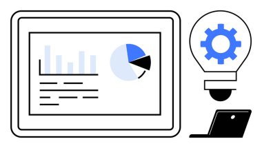 Grafik ve pasta grafiğiyle veri analizini gösteren dijital ekran grafiği. Ampul dişlisi yeniliği simgeliyor. Teknoloji, analitik, araştırma, strateji, eğitim ve verimlilik için ideal