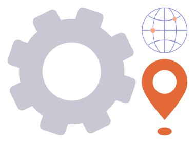 Vites sembolü, turuncu lokasyon iğnesi ve bağlantıları olan bir dünya. Takım çalışması, lojistik, coğrafya, navigasyon, işbirliği küresel ulaşım için ideal. Basit düz metafor