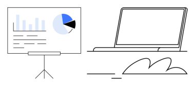 Grafikli dizüstü bilgisayar ve çizelge tablosu. İş, analiz, uzaktan çalışma, eğitim, teknoloji, sunumlar ve pazarlama için ideal. Basit düz metafor
