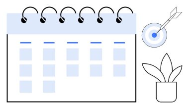 İşaretli günleri olan spiral takvim, merkezine ok saplanmış bir dart tahtası ve saksı bitkisi. Planlama, programlama, hedef başarısı, üretkenlik, zaman yönetimi odaklı büyüme için idealdir. Basit.