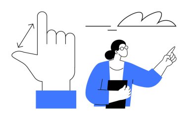 Gözlüklü bir kadın elinde defter tutarken stilize bir el diyagramı eşliğinde açıklama yapıyor. Eğitim, eğitim, yenilik, eğitim, takım çalışması, sunum yaratıcılığı için idealdir. A