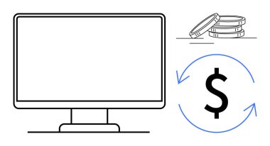 Çevrimiçi işlemleri, e-ticareti ve finansal büyümeyi gösteren yuvarlak oklardaki monitör, bozuk paralar ve dolar sembolleri. Finans, gelir, dijital bankacılık, tasarruf yatırımları için ideal