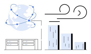 Sunuculara, bar çizelgesine ve rüzgar ikonlarına bağlı dijital ağ bağlantıları olan bir dünya. Teknoloji, veri transferi, yenilenebilir enerji, verimlilik, bulut hesaplama, sürdürülebilirlik için ideal basit düz