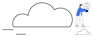 Mavili adam bulutun içine büyük bir ampul yerleştiriyor, bulut hesaplamayı, yeniliği ve yaratıcılığı sembolize ediyor. Teknoloji, takım çalışması, çözümler, beyin fırtınası, veri depolama süreci için ideal