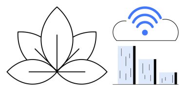 Nilüfer çiçeği büyümeyi simgeler, kablosuz dijital bağlantı için bulut ve analitik için bar tablosu. Teknoloji için ideal, doğa, farkındalık, büyüme, dijital ilerleme, yenilik basit
