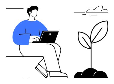 Dizüstü bilgisayarla oturan kişi, bitkilerin büyümesi gelişimi, yaratıcılığı, sürdürülebilirliği vurguluyor. Yenilik, üretkenlik, çevre, eğitim, uzaktan çalışma motivasyonu için idealdir. Basit düz metafor
