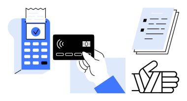 POS makinesindeki kredi kartında fiş ve başarı işaretleri, kontrol listesi dokümanı, onay jesti var. Ödeme çözümleri, e-ticaret, bankacılık, teknoloji, işlemler, perakende satış için ideal