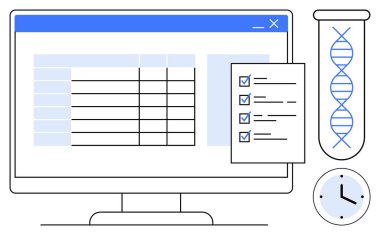 Bir hesap tablosunu gösteren bilgisayar ekranı, kontrol işaretli kontrol listesi, test tüpünde DNA ipliği ve saat. Teknoloji, araştırma, genetik, bilim, organizasyon verimliliği için ideal