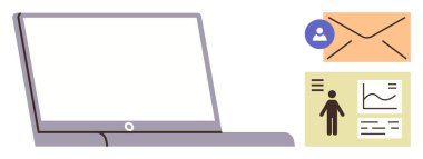 Dizüstü bilgisayar zarfı, profil simgesi ve iletişim, takım çalışması, analitik, uzaktan çalışma, üretkenlik, çevrimiçi öğrenme ve bilgi paylaşımını gösteren veri grafiklerinin yanı sıra. Dijital iş için ideal