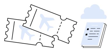 Bir bulut simgesinin yanında iki uçak bileti ve bir kontrol listesi belgesi. Seyahat, bilet, havacılık, planlama, organizasyon, teknoloji ve dijital kolaylık kavramları için idealdir. Minimalist daire