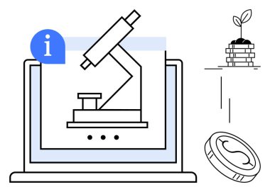 Bilimsel araştırmaları, yenilikleri, eğitimi, çevre dostu büyümeyi, dijital yatırımları, teknolojik etkiyi ve basit bir düz düzlem olarak ilerlemeyi vurgulayan mikroskop ekran, bozuk para, filizlenen bitki