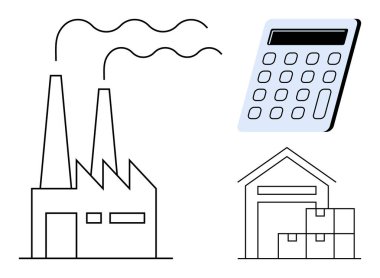 Tütsülü fabrika binası, istiflenmiş kutuları olan depo ve dijital hesap makinesi. Üretim, endüstri, finans, lojistik, ticaret planlaması için ideal. Basit düz metafor