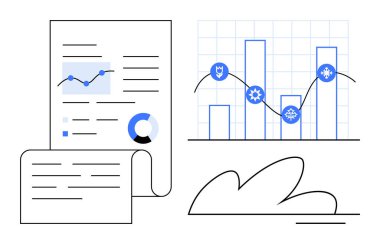 Grafik, dairesel tablo, ölçü çizelgeleri ve üst üste binen güvenlik simgeleri içeren iş raporları. Analiz, veri güvenliği, iş stratejisi, raporlama ve fintech için ideal