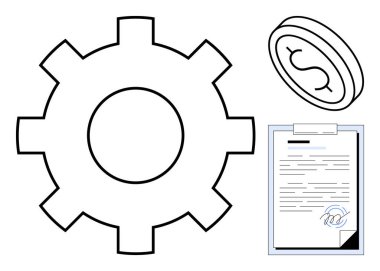 Vites, dolar madeni para ve imzalanmış belge süreç verimliliği, ekonomik işlemler ve anlaşma. İş stratejisi, otomasyon, finans, yatırım endüstrisi işbirliği için ideal