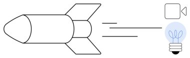 Roket hız çizgileri, ampul ve kamera ile ilerliyor. Yenilik, yaratıcılık, teknoloji, ilerleme, ilham vizyonu için ideal. Basit düz metafor