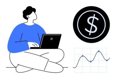 Bilgisayarla oturan kişi, finans çizelgesi ve dolar rakamının yanında. Serbest çalışma, uzak iş, mali başarı, teknoloji ekonomisi, iş analizi, dijital beceriler, düz tasarım metaforu için ideal
