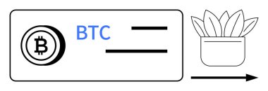 Bitcoin para ve kart üzerindeki BTC metni, büyüyen bir saksı bitkisini gösteren ok. Kripto para birimi, finans, engelleme zinciri, yatırım, büyüme, yenilik modern ekonomi için idealdir. Basit düz metafor