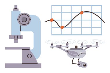Gözetleme kuadkopteri ve veri noktalarının olduğu çizelgenin yanında mikroskop var. Bilim, teknoloji, yenilik, araştırma, analitik, gözetim ve gelecekteki gelişmeler için idealdir. Modern basit düz metafor