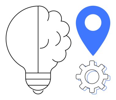 Yarı beyin, yarı ampul konum belirleyici ve dişli ikonu ile yaratıcılığı sembolize ediyor. Yenilik, problem çözme, strateji, teknoloji, ilerleme, planlama eğitimi için idealdir. Basit düz metafor