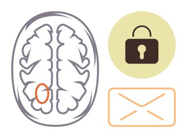 İşaretli beyin diyagramı, güvenliği gösteren kilit ve özet bir zarf. Nöroloji, akıl sağlığı, veri koruması, iletişim, siber güvenlik, e-posta güvenliği gizlilik bilinci için ideal