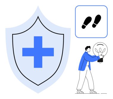 Tıbbi haçlı mavi kalkan, ayak izi ikonu ve ampul taşıyan bir insan. Sağlık, güvenlik, navigasyon, yenilik ve güvenlik fikirleri için ideal. Basit bir düz metafor.