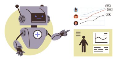 Robot, grafikler, kullanıcı profilleri ve analizlerle dolu bir sağlık paneline işaret ediyor. Sağlık, yapay zeka, veri sunumu, yenilik, teknoloji otomasyon bilimi için ideal. Basit düz metafor
