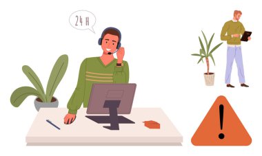 Kulaklıklı bir ajan, müşterilerine bilgisayar konusunda yardımcı oluyor. Meslektaşlar santral ve alarm simgesi yakınlarındaki görevleri kontrol ederler. Müşteri hizmetleri, takım çalışması, yardım hattı, iletişim ve problem çözme için ideal