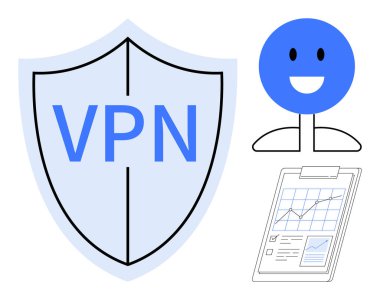 Güvenliği sembolize eden VPN kalkanı, kullanıcı memnuniyeti için gülen bir yüz ve analiz için veri tablosu. Siber güvenlik, gizlilik, veri koruması, teknoloji, güvenlik, çevrimiçi uygulamalar için ideal