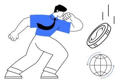 Kendinden emin işadamı, büyük bir madeni para ve oklarla çevrili bir küreyle el kol geziyor. Finans, küresel ticaret, yatırım, büyüme, ekonomi, strateji ve başarı için ideal. Basit düz metafor