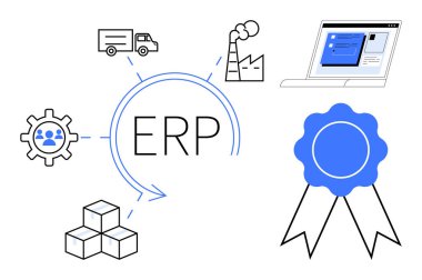 Etrafı insan simgesi, kutu, fabrika, kamyon, web gösterge paneli ve sertifika kartıyla çevrili ERP. İş, otomasyon, teknoloji lojistik verimlilik entegrasyonu ve kalite için ideal