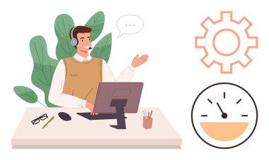 Müşteri hizmetleri ajanı konuşurken, yüzen dişli çarkları ve hız göstergeleriyle bilgisayarda çalışıyor. Müşteri hizmetleri, destek, üretkenlik, verimlilik, iletişim, takım çalışması için ideal