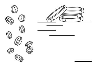 Yığılmış madeni paralarla düşen paralar mali başarıyı, tasarrufu, yatırımı ve parasal kavramları göstermektedir. Bankacılık, zenginlik büyümesi, ticaret, ekonomik strateji, bütçe işleri için ideal basit bir daire