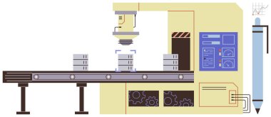 Robot kol altında makine vizyon denetimi için ürünler taşıyan taşıyıcı. Üretim, otomasyon, fabrika süreci, kalite kontrolü, robotik, teknoloji, endüstriyel mühendislik için ideal. A