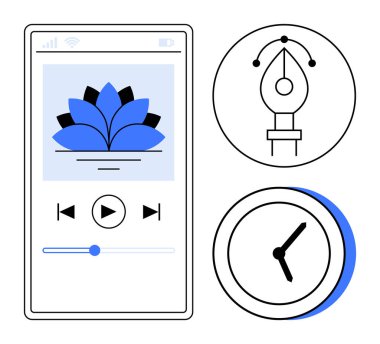 Medya oynatıcı, kalem aracı simgesi ve saati gösteren mobil ekran. Yaratıcılık, tasarım, verimlilik, zaman yönetimi, kullanıcı arayüzü dijital araçları ve sanatsal iş akışı için idealdir. Temiz düz metafor