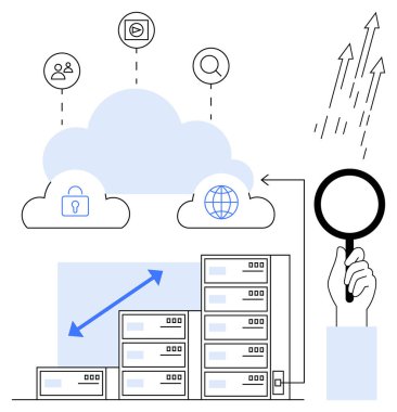 Bulut sunucuları kullanıcı simgelerine bağlı, kilit güvenliği, küresel ağ, sunucular, analiz için büyüteç. Veri yönetimi, bilişim altyapısı, teknoloji büyümesi, SaaS araştırma analizleri için ideal