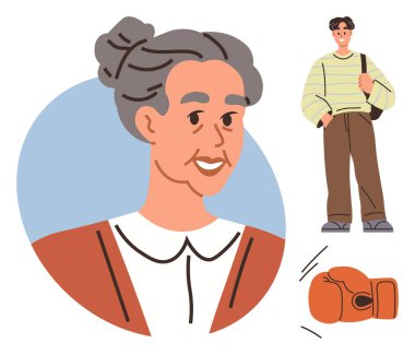 Yaşlı kadın üst sınıf saç stiliyle gülümsüyor, genç adam günlük giysiler içinde çanta taşıyor, turuncu boks eldiveni giyiyor. Nesilsel bağ, kişilik, spor tutkusu, akıl hocalığı, yaş dinamiği için ideal