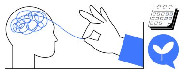 Kafadan kopan iplik zihinsel berraklığı sembolize ediyor, planlama takvimi, büyüme için filizlenen ikon. Farkındalık, kişisel büyüme, zaman yönetimi, zihinsel sağlık, yaratıcılık için ideal