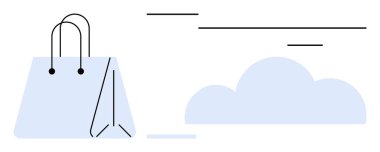 Dijital alışverişi vurgulayan minimalist tarzda yumuşak bulutların yanında alışveriş torbası. E-ticaret, bulut depolama, çevrimiçi alışveriş, perakende satış, lojistik, dijital dönüşüm, basit düz metafor