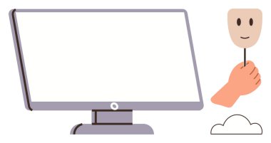 Bilgisayar monitörü ve elinde gülümseyen bir maskeyle çevrimiçi kimlik, anonimlik ve sanal bağlantıların önemli temaları eşliğinde. Teknoloji, gizlilik, kimlik, bulut depolama için ideal