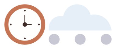 Beyaz bulut şeklinin yanında minimalist siyah elli kahverengi saat ve üç gri daire aşağıda. Zaman yönetimi, takvim, hava durumu, teknoloji, basitlik, bulut depolama ve verimlilik için ideal