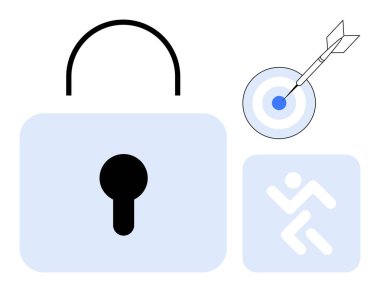 Asma kilit güvenliği sembolize eder. Hedef ok ile hedefe odaklanır ve ilerlemek için çalışır. Siber güvenlik, güvenlik, hedef belirleme, başarı, koruma, hareket motivasyonu için ideal basit düz