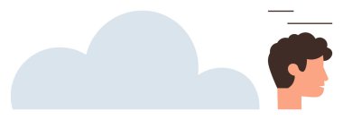 İnsan kafasının yan profili büyük bulutlara bakıyor, düşünceyi, yaratıcılığı ve beyin fırtınasını simgeliyor. Yenilik, psikoloji, düşünme, problem çözme, eğitim beyin fırtınası için idealdir.