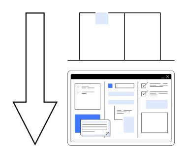 Aşağıya doğru ok, işlem akışını ve sohbet, grafik ve kontrol listesi ile dijital arayüzü gösteriyor. Veri transferi, yönetim, işbirliği, iş akışı, iletişim, sistemler için ideal düz