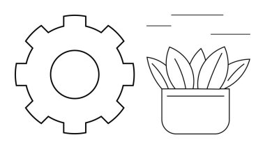 Büyüme ve yenilik arasındaki sinerjiyi temsil eden saksı bitkisinin yanında vites. Teknoloji, sürdürülebilirlik, çevre dostu gelişme, takım çalışması, üretkenlik, denge ve yeşil yenilik için ideal