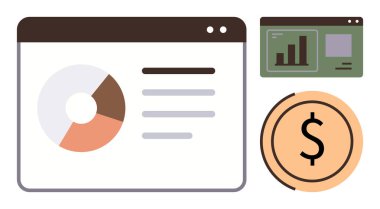 Turta grafiği, bar grafiği, finansal eğilimleri ve sezgileri temsil eden dolar simgesi içeren veri paneli. İş, yatırım, ekonomi, analitik, muhasebe, bankacılık bütçe planlaması için ideal basit